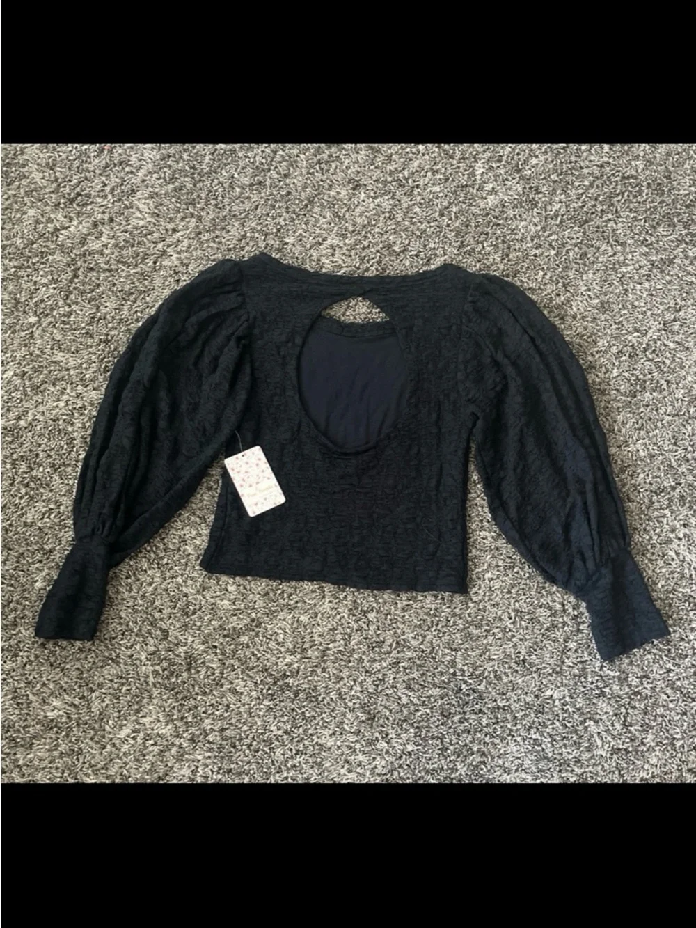 Free People Tea Time Lace Open Back Puff Sleeve Top Black Small Women’s NWT